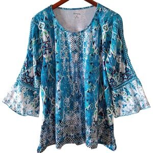 High Fifth Blouse Womens XL Blue White Abstract Bell Sleeve Scoop Neck Excellent